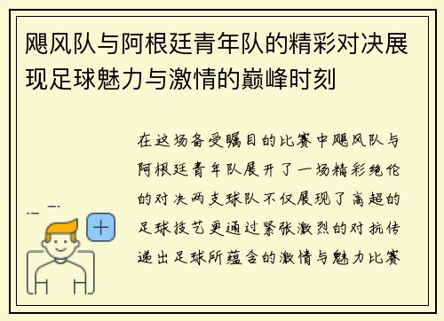 飓风队与阿根廷青年队的精彩对决展现足球魅力与激情的巅峰时刻